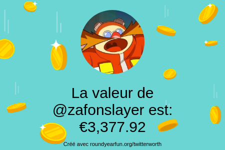 zafonslayer's tweet image. Mon twitter vaut: €3,377.92

Trouvez le vôtre avec funroundy.click/twitterworth?l…

⠀