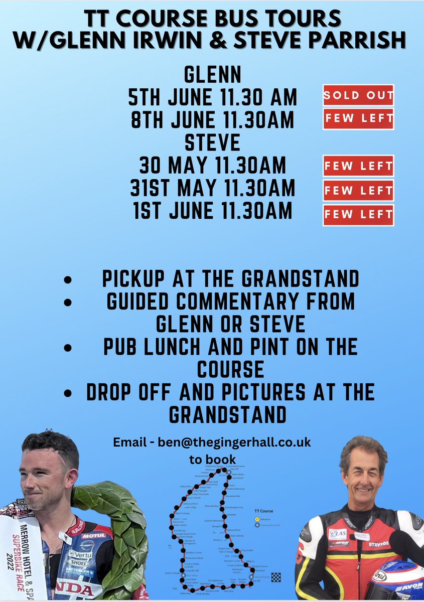 Get in fast for our guided TT course bus tours with <a href="/GIrwinRacing/">Glenn Irwin</a> and <a href="/Stavros6/">Steve Parrish</a> 

Email ben@thegingerhall.co.uk to book!