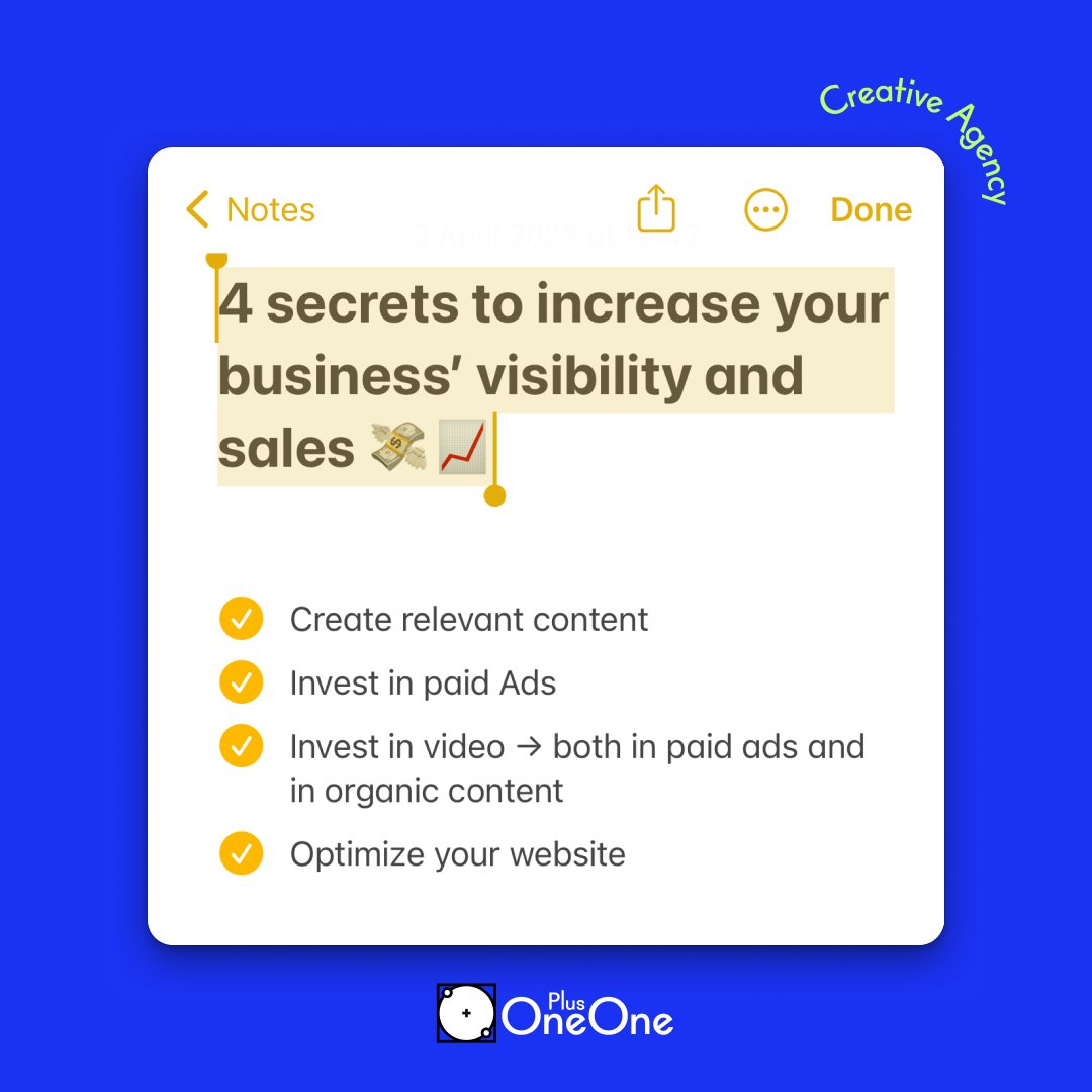 OnePlusOne_io's tweet photo. 💡4 secrets to increase your business’ visibility and sales 💸📈

✅ Create relevant content

✅ Invest in paid Ads

✅ Invest in #video → both in paid ads and in organic

✅ Optimize your website

➡️ Was this post helpful? Follow us: @OnePlusOne_io 

.

#contentmarketing https://t.co/2DjHyGSf2P
