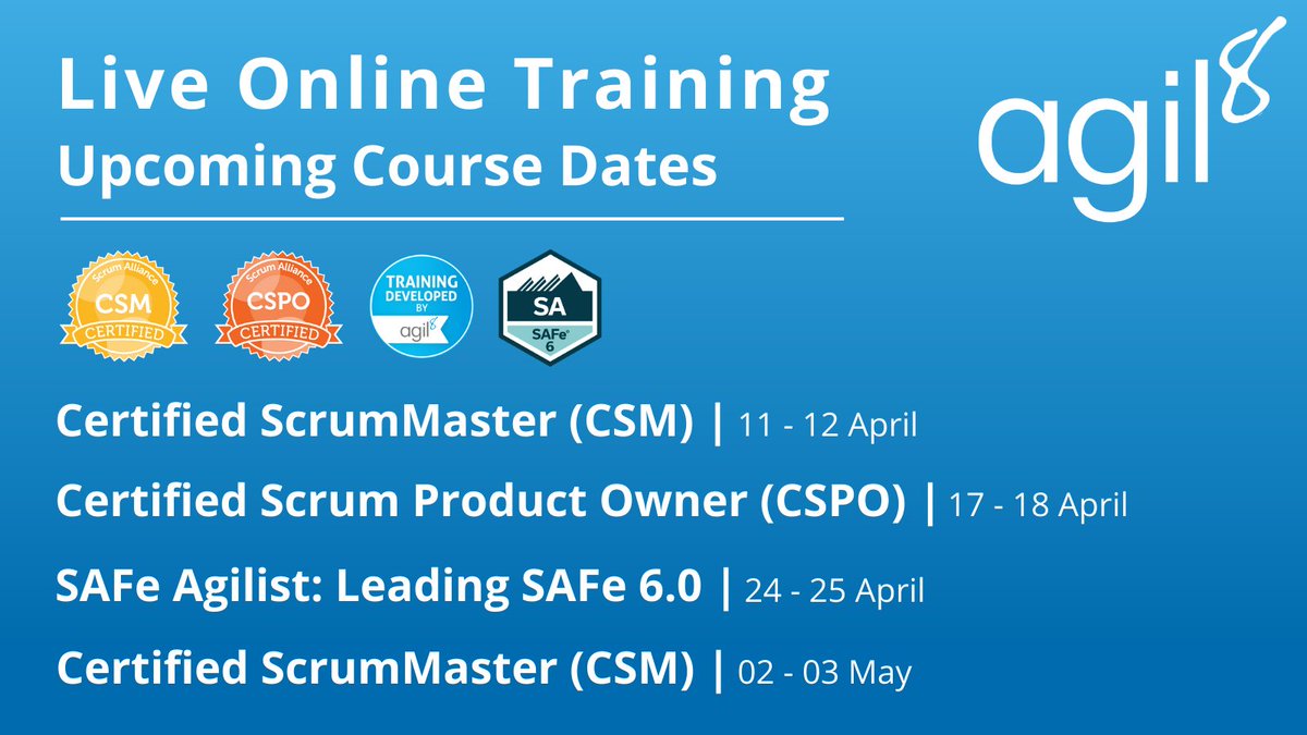 agil8er's tweet photo. Join us on one of our upcoming #online course dates:

👉 Certified ScrumMaster (CSM) | 11-12 April
👉 Certified Scrum Product Owner (CSPO) | 17-18 April
👉 SAFe Agilist: Leading SAFe 6.0 | 24-25 April
👉 Certified ScrumMaster (CSM) | 2-3 May

More info: https://t.co/oAoWLWlP4I https://t.co/qgEPx62VNy