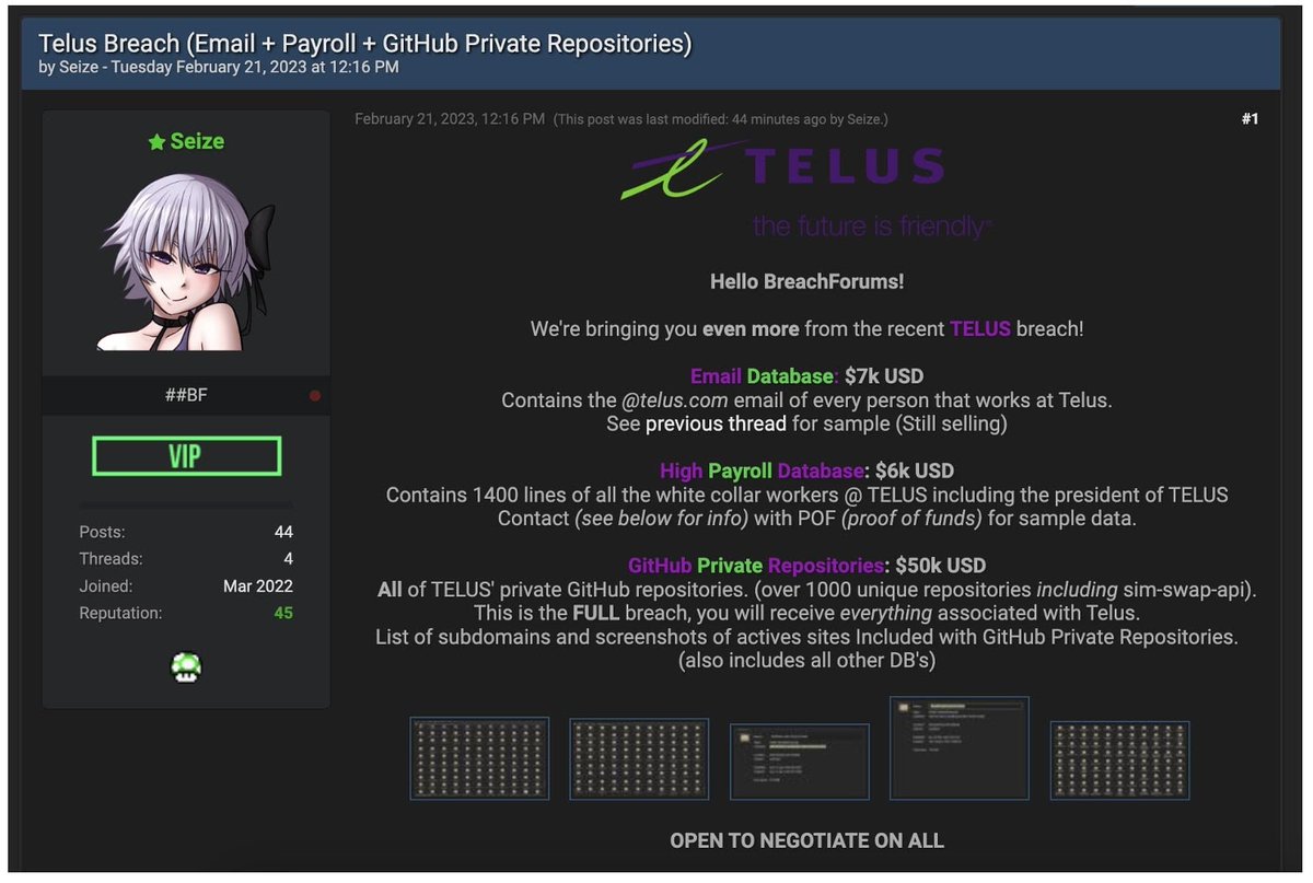 SirIggles's tweet photo. So wait ....if breach forums had the @telus data leak that has most of the companies contact + financials + source code. And the FBI took down breach forums......then the FBI now has private Canadian telecom info...... @CRTCeng you guys checking into this? https://t.co/DYu5nFdkhi
