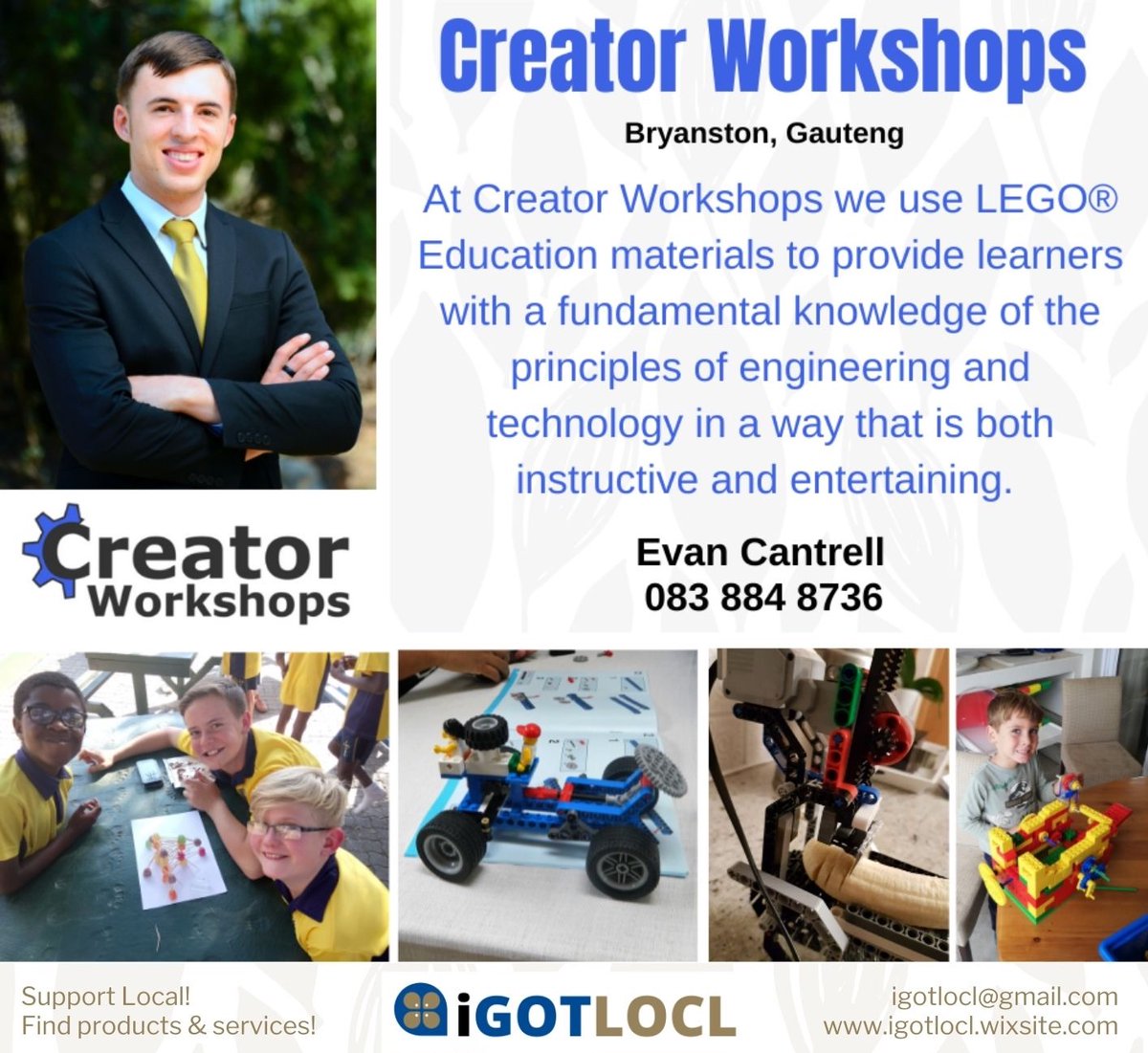 igotloclsa's tweet image. iGOTLOCL Business of the day!
Discover more products &amp;amp; services on our website: igotlocl.wixsite.com/igotlocl

Creator Workshops website: creatorworkshops.com

#classesandworkshops #lego #engineeringclasses #holidayworkshops #schoolprogrammes #roboticstraining #igotlocl