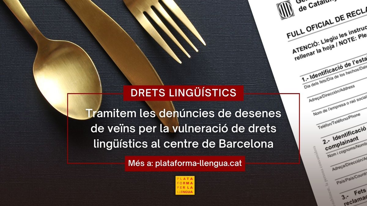 📑 Tramitem a <a href="/consumcat/">Consum</a> les denúncies de desenes de veïns per la vulneració de #DretsLingüístics al centre de #Barcelona.

❌ Les han fet arribar veïns de l'Esquerra de l'Eixample que han decidit exercir els seus drets en la restauració.

Més a 👉 bit.ly/DenunciesEixam…