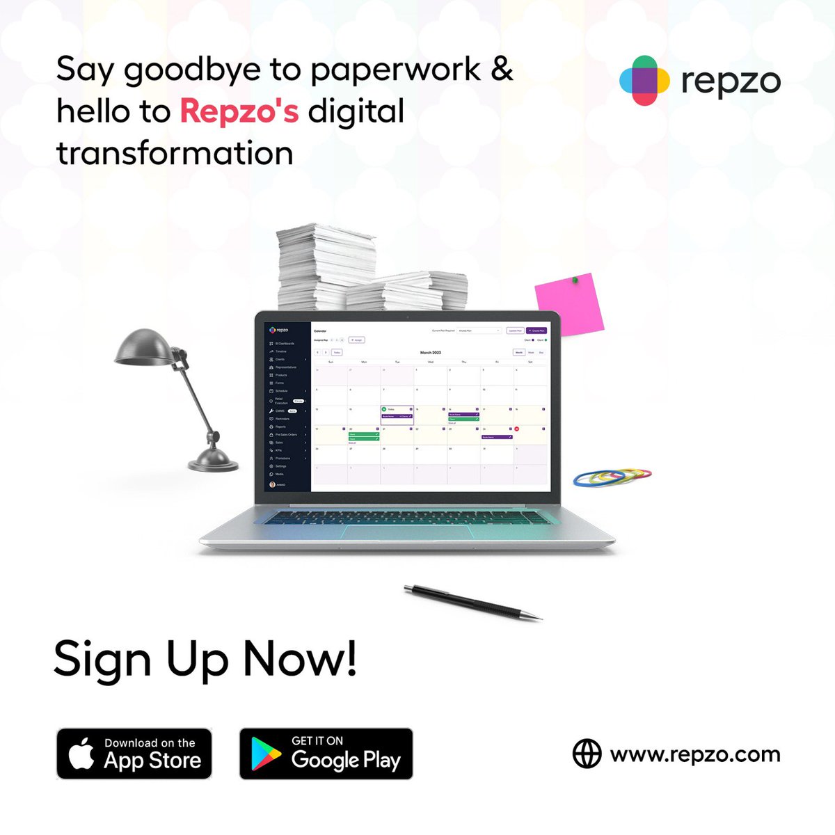 Say goodbye to the headache of paperwork and hello to digital transformation with Repzo!

Sign up now and see how Repzo can simplify your life.

Visit our website repzo.com for more information.

#digitaltransformation #salesmanagement #fieldforcemanagement