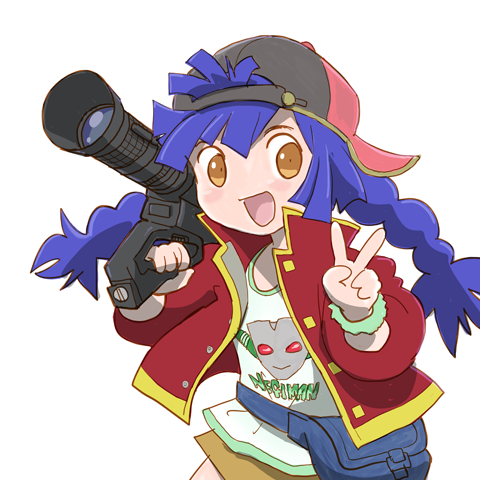 1girl solo hat blue hair v weapon jacket  illustration images