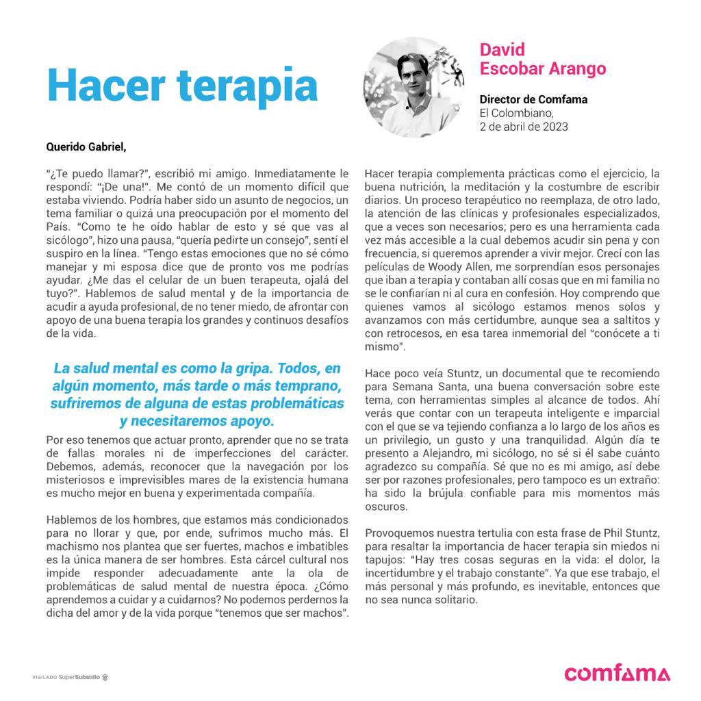 La salud mental es como la gripa. Todos, en algún momento, más tarde o más temprano, sufriremos 
de alguna de estas problemáticas y necesitaremos apoyo. <a href="/Comfama/">Comfama</a> <a href="/elcolombiano/">El Colombiano</a> elcolombiano.com/opinion/column…