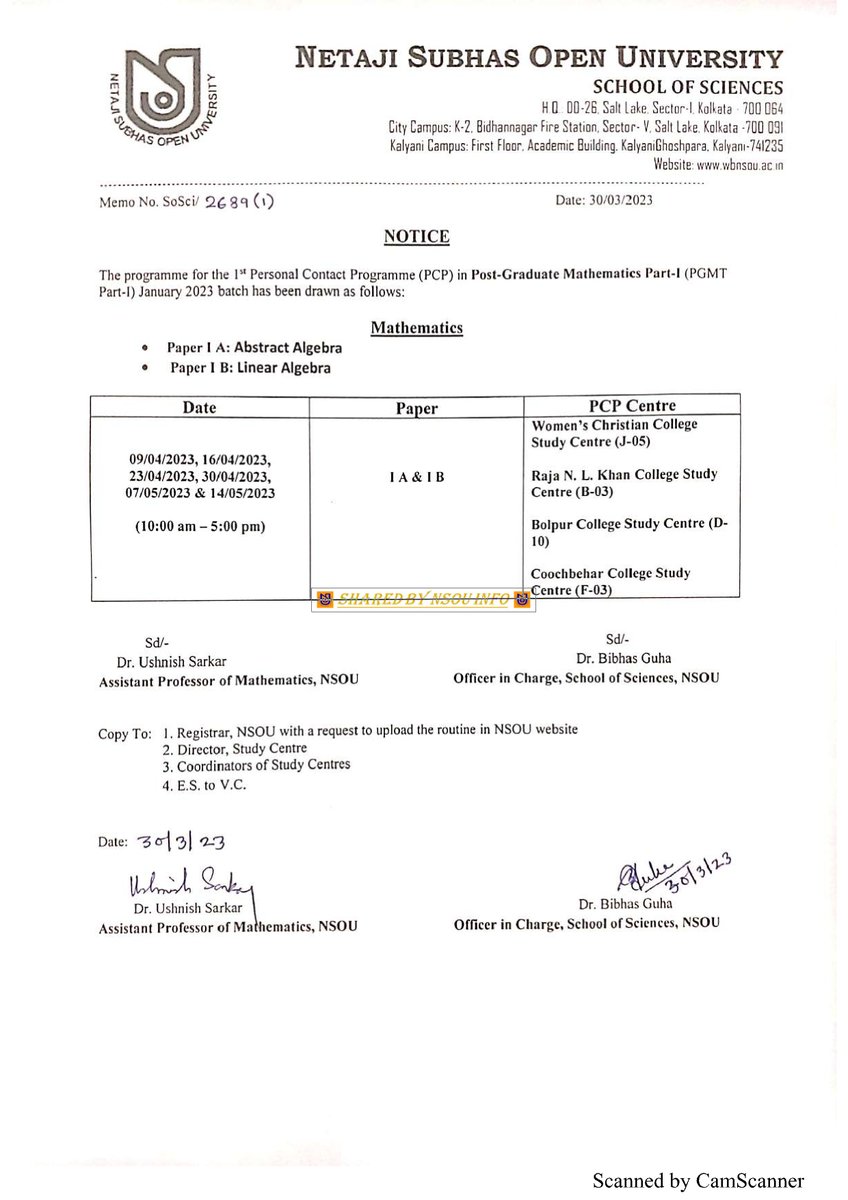 nsou_info's tweet photo. ✳️ Schedule for PCP of PG Mathematics, January 2023 Batch (Part-1) and January, 2022 Batch (Part-2).

#NSOU #NSOUINFO https://t.co/9Bi5aKj3Nr