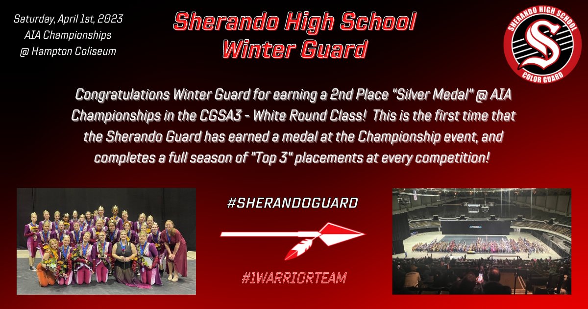 Great job to the Winter Guard and Indoor Percussion teams of the Sherando Band Department for representing our school and community with Warrior Pride at the AIA Championships this past weekend! #1warriorteam #sherandopercussion #sherandoguard