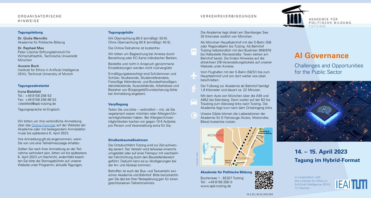 (1/2) We are happily announcing the upcoming conference “#AIGovernance: Upcoming Challenges and Opportunities for the #PublicSector”. This #multidisciplinary event in #Tutzing brings together experts from #academia #civilsociety and #industry to discuss the latest developments.