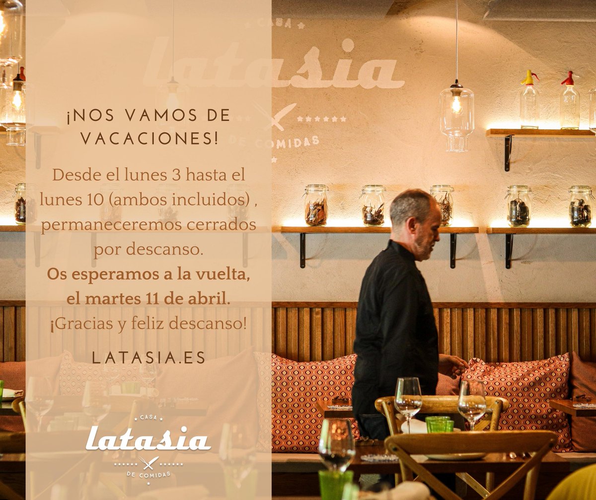 Nos tomamos unos días de descanso en Latasia, volvemos el martes 11 de abril con ganas de seguir disfrutando juntos en vuestra casa de comidas favorita.

#Latasia #vacaciones #semanasanta