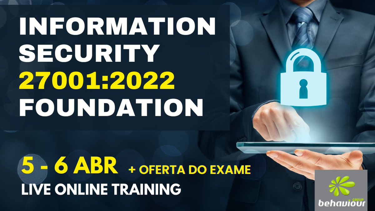 O curso Information Security 27001:2022 Foundation é um curso prático da norma ISO 27001, edição 2022.Inscreva-se online: behaviour-group.com/PT/curso-infor…

#27001 #informationsecurity #segurancainformacao #formacaoonline #onlinetraining #onlinecourse #behaviourgroup