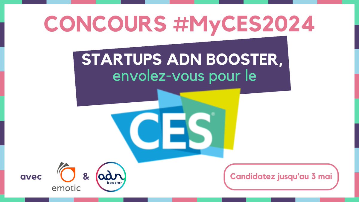 #Concours #MyCES2024
Startups boostées,  ADN Booster et son partenaire <a href="/EMOTIC/">EMOTIC</a> vous proposent de remporter une place tous frais payés pour participer au CES de Las Vegas 2024 ! 🚀 ✨
⚠️ Vous avez jusqu’au 3 mai pour candidater
Infos et candidature : adnbooster.fr/concours-myces…