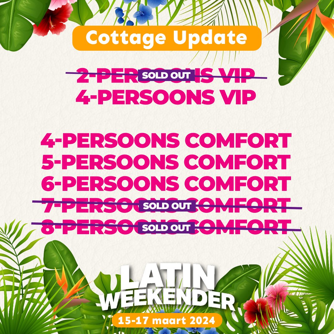LatinWeekender's tweet image. De cottages voor Latin Weekender 2024 gaan 𝗛𝗔𝗥𝗗! Wil jij zeker zijn van een plekje? Wacht dan niet te lang en boek nu! ⏳💃🕺

🏡 Boek jouw cottage: bit.ly/LW2024_boeken

#latinweekender #salsa #bachata #kizomba #caribbean