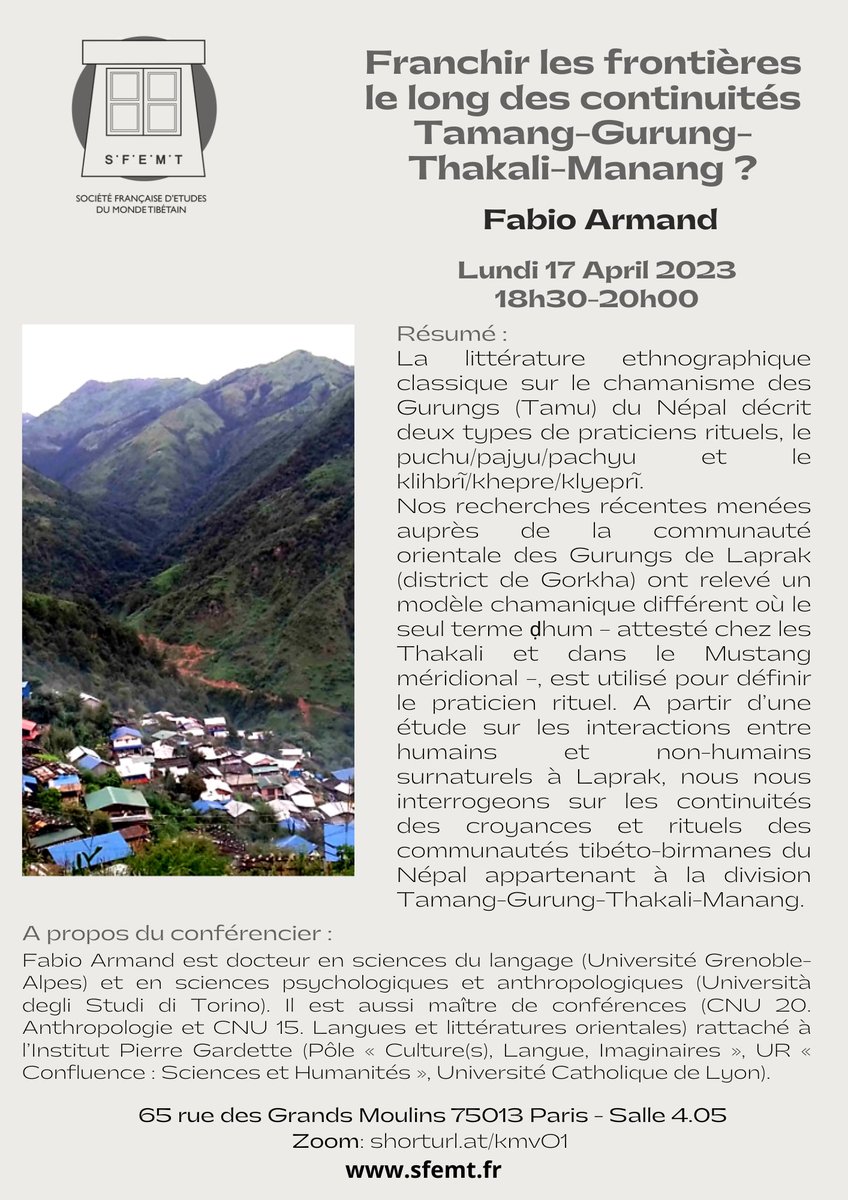 ChandraEhm's tweet photo. Join us at the SFEMT for our April talk with Fabio Armand (@ucly ) on Crossing boundaries along Tamang-Gurung-Thakali-Manang Continuities in Nepal.

17.04.2023
18:30-20:00 CET

in Paris and on ZOOM
 https://t.co/GZx1MqRrWY 

#Nepal #SFEMT #Tibet #Gurung #Tamang #fieldresearch https://t.co/xPWokYMbwl