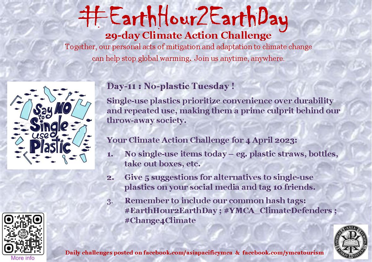 asiapacificymca's tweet photo. Here's your Climate Action Challenge for Day-11 (4 April 2023)
It's not too late to join now.
Let us know you are participating https://t.co/UgwWGN68lV
Please help amplify the campaign.
#EarthHour2EarthDay
#YMCA_ClimateDefenders
#Change4Climate
#YMCASustainablePlanet https://t.co/mXdLOzseiS