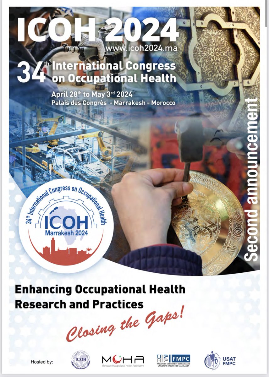 After weeks of hard work, We are pleased to share with you the attached Second Announcement of the ICOH 2024 Congress, which will be held from 28 April to 3 May 2024, in Marrakesh 🇲🇦, Morocco.
 
Call for abstracts and registration are now open ! 

icoh2024.ma