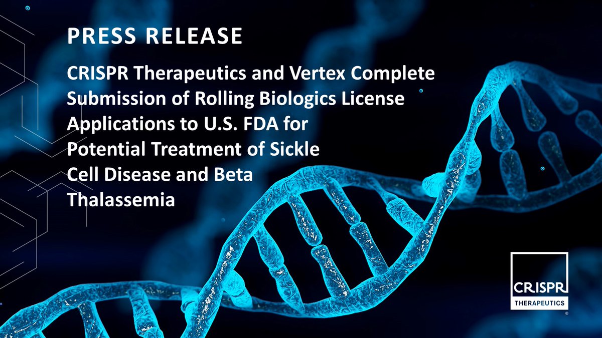 We are pleased to announce that we’ve completed the submission of our Biologics License Applications (BLAs) to the U.S. FDA for our potential treatment for sickle cell disease and beta thalassemia. Learn more: bit.ly/3K2P7cR