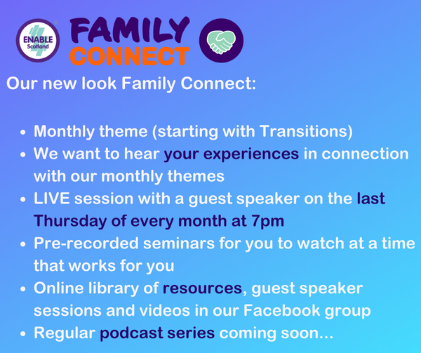 Lauren_Enable (@laurenenable) on Twitter photo #FamilyConnect has had a Makeover..... Head over to Facebook to join us for a month long theme of #Transitions. Keep your eyes peeled for videos, podcasts and don't forget our Live zoom session on 27th April with <a href="/ARCScot/">ARC Scotland</a>. Contact us for more info -
familyconnect@enable.org.uk #FamilyConnect has had a Makeover..... Head over to Facebook to join us for a month long theme of #Transitions. Keep your eyes peeled for videos, podcasts and don't forget our Live zoom session on 27th April with <a href="/ARCScot/">ARC Scotland</a>. Contact us for more info -
familyconnect@enable.org.uk