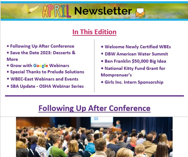 WBECEast's tweet photo. It's April 2023 🌦 🌈 ! Check out the April 2023 newsletter! Click the link below to see what's in store at WBEC-East!

➡ https://t.co/2XgrWg6ZzY ⬅

#WBENCNetwork #Wbeceast #womeninbusiness
@WBENCLive  @SBA_EasternPA  #womenowned https://t.co/YoruO5nJb5