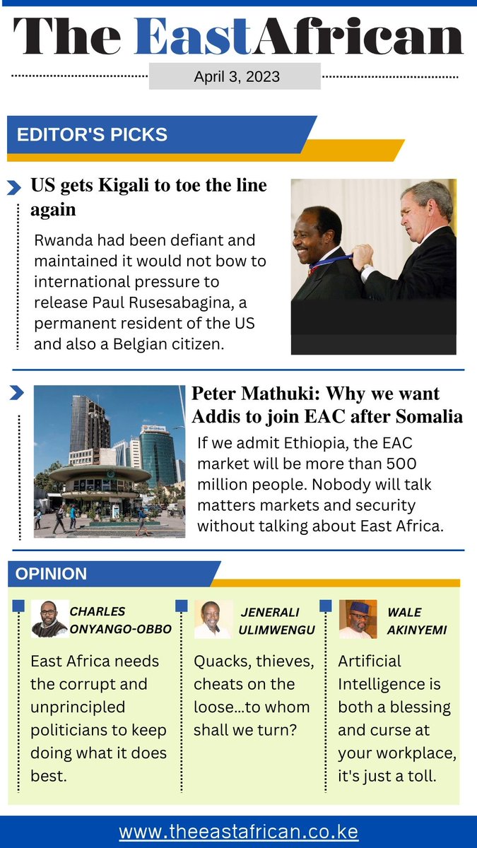 The_EastAfrican's tweet photo. Top stories today on https://t.co/UWBD6F9kLC
#TEANewsletter
Check comments for links. https://t.co/N2xrDwDXNQ