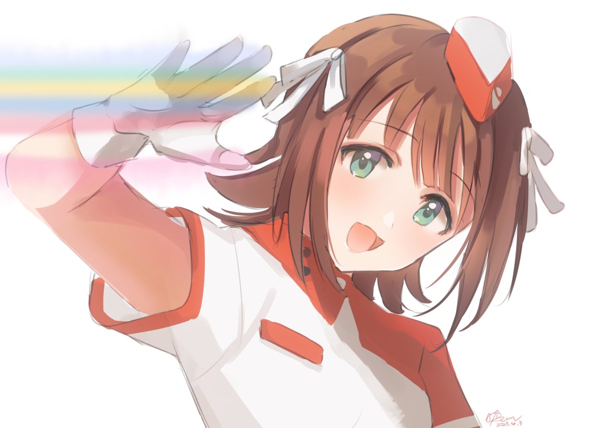 amami haruka 1girl solo brown hair gloves smile white gloves open mouth  illustration images