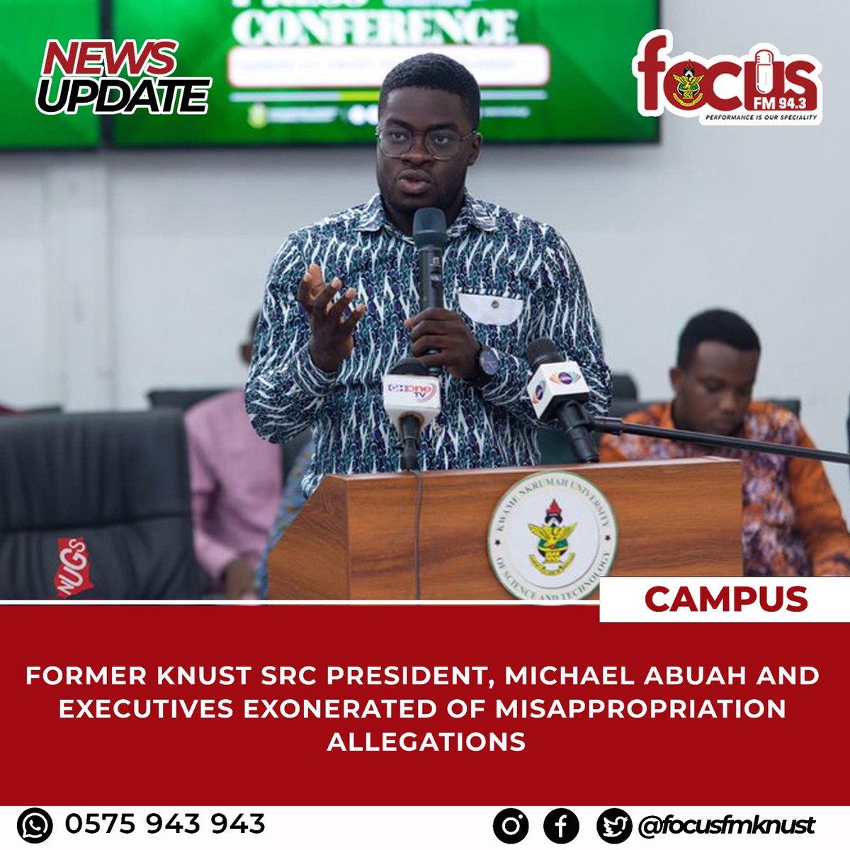 knustfocusfm's tweet photo. Management of the Kwame Nkrumah University of Science and Technology has acquitted some former executives of the Students’ Representative Council (SRC) of allegations of funds misappropriation leveled against them.

#focus943fm 
#knust https://t.co/pM93YvLhS6