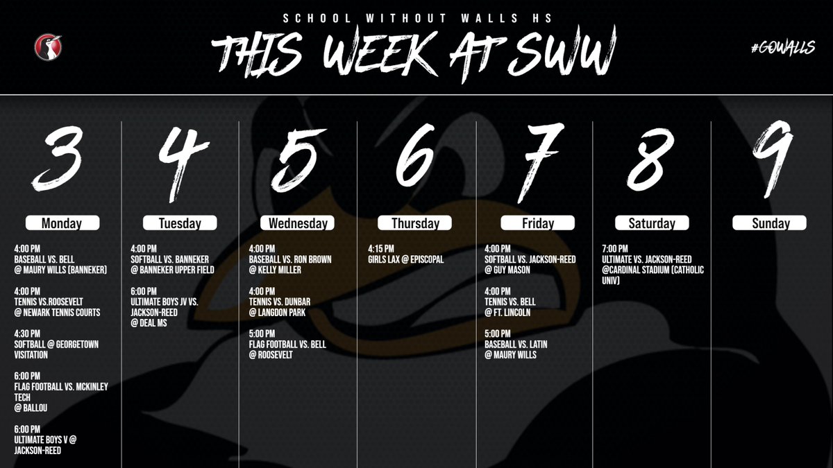 THIS WEEK'S SWW ATHLETICS SCHEDULE!

(4/3 - 4/9)

#GOWALLS