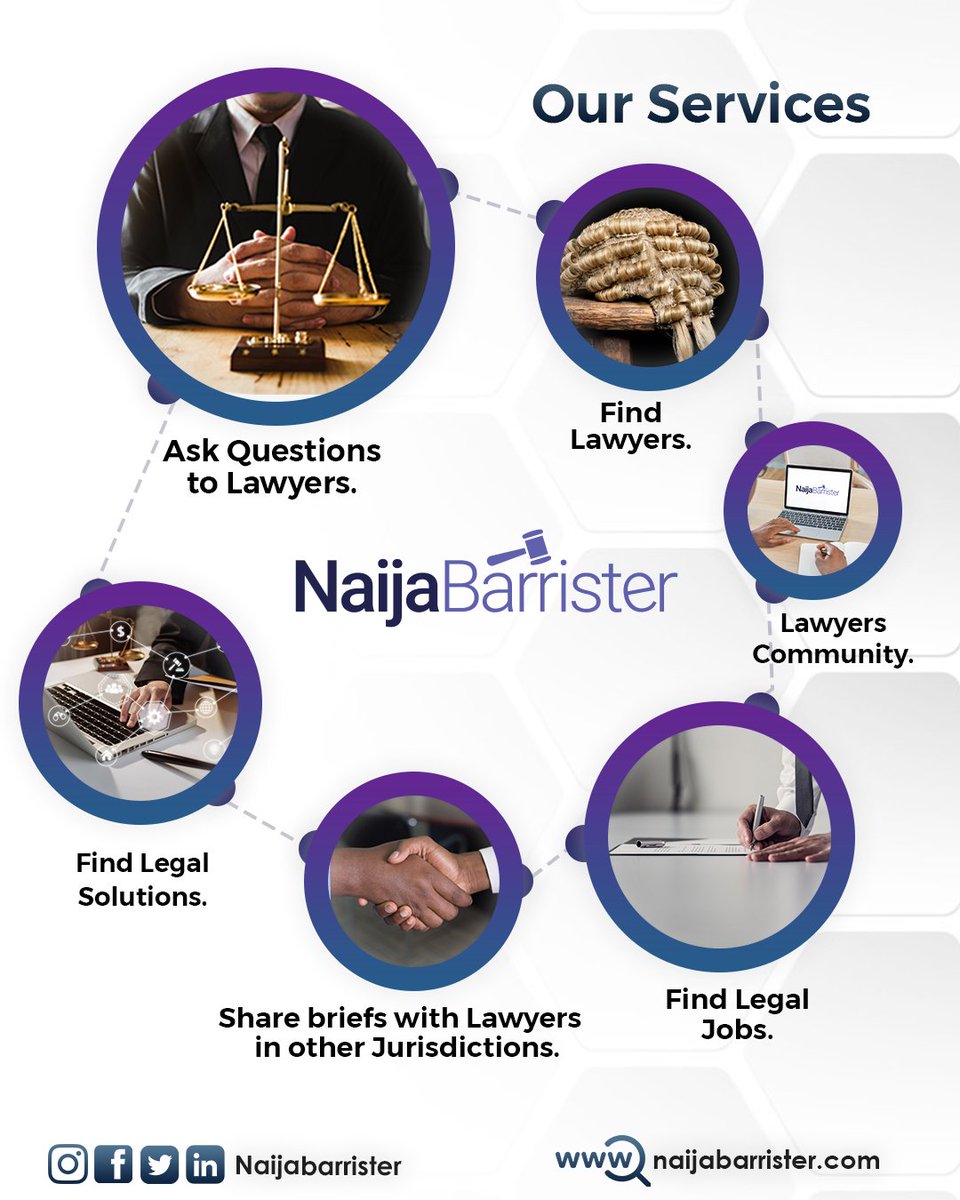 Who We Are - 
naijabarrister.com is an online Legalhub where Lawyers and non-Lawyers can connect to solve any of their legal issues.
We are also committed to providing access to Nigerian laws, Lawyers and legal resources.

#naijabarrister
#lawtech
#legaltech
#follow
#likeme