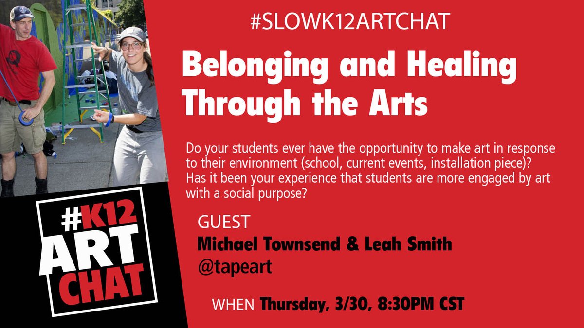 Did you miss #K12ArtChat? Host @tapeart asked, 'Do your Ss ever have the oppor. to make art in response to enviro. (school, current events, installation piece)? Has it been your exp. that Ss are more engaged by art w/ a social purpose? Share #SlowK12ArtChat @SchoolArts @NAEA