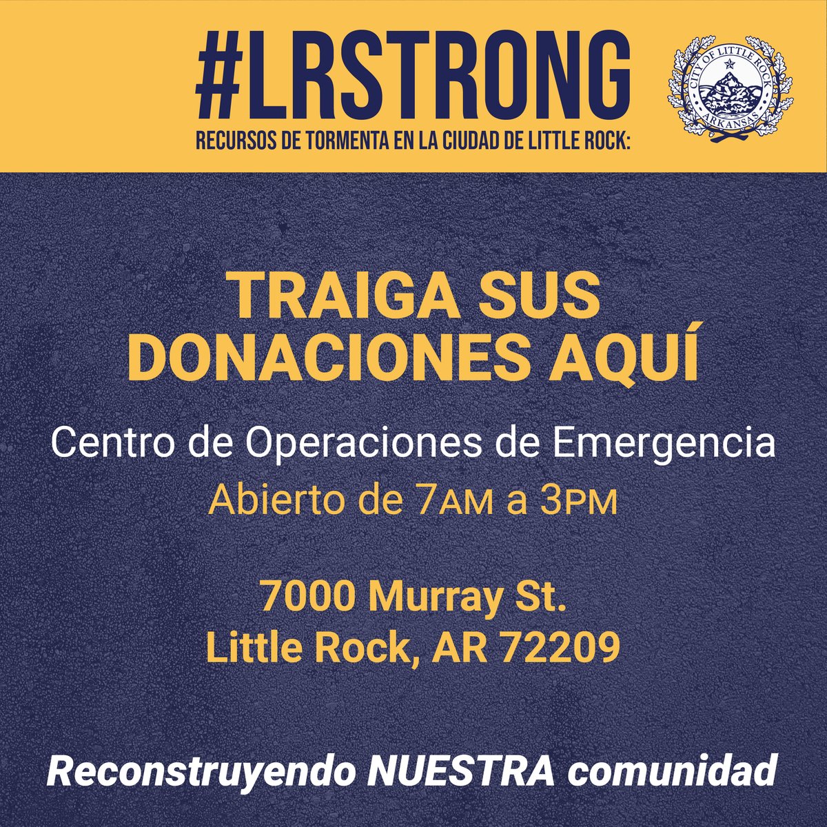 CityLittleRock's tweet photo. City staff is ready to receive more donations.
Non-perishable food items
Water
Hygiene products
Baby items
Clothing can be taken to @GoodwillAR. They are partnering with us to give the monetary value of your clothing donation to the @ArkRedCross.
We are #LRstrong #LRcares https://t.co/ZbshvS4WP1