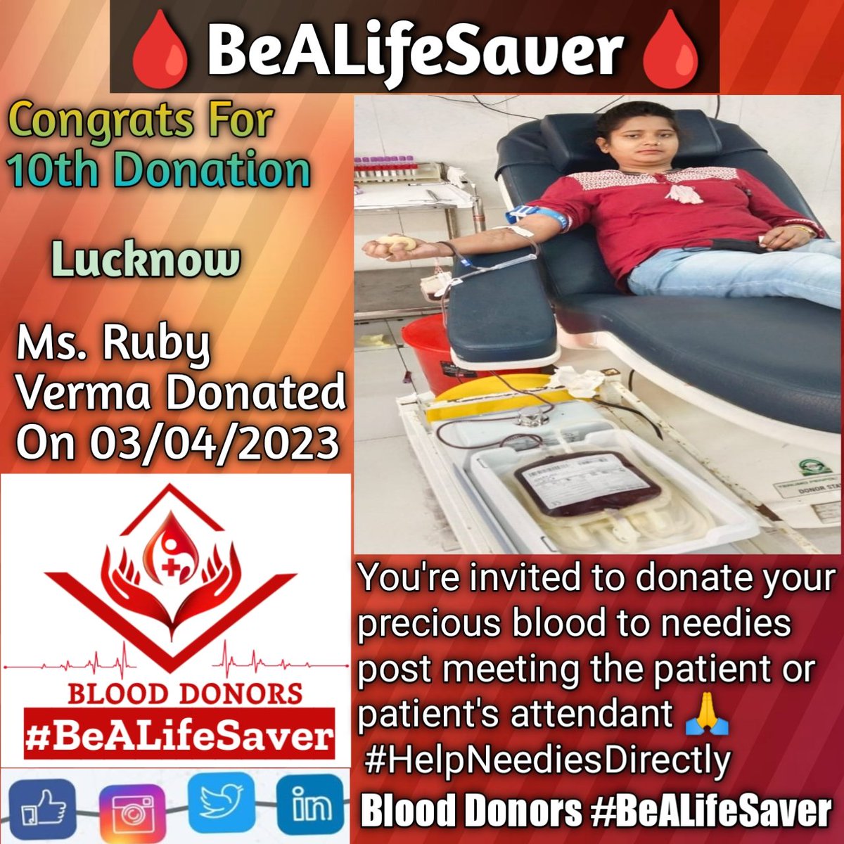 BeALifeSaver1's tweet photo. #Lucknow #BeALifeSaver
#Kudos_Ms_Ruby_Verma_Ji
#HelpNeediesDirectly

Today's hero
Ms. #Ruby_Verma Ji donated blood in #Lucknow for the #10thTime for one of the needies. #Heartfelt #Gratitude and #Respect to Ruby Verma Ji for her blood donation for Patient admitted in Lucknow. https://t.co/QaDArrJrn5