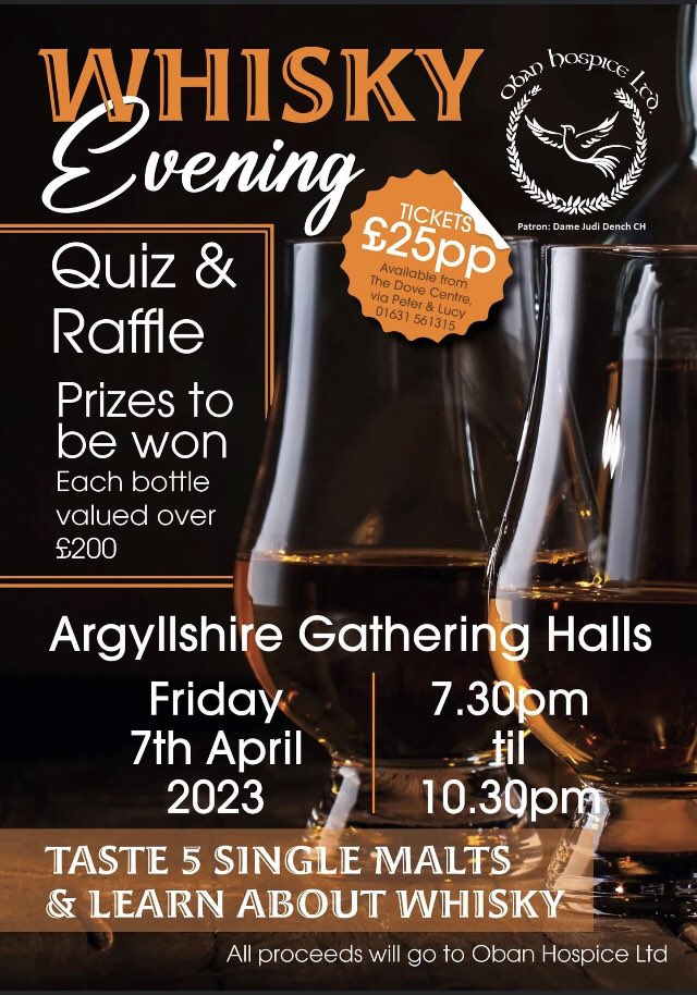 Have you got your ticket for @ObanHospice fundraiser on Friday night? Taste the whiskies. Win a whisky! Sample an Oyster Slàinte 🦪😉