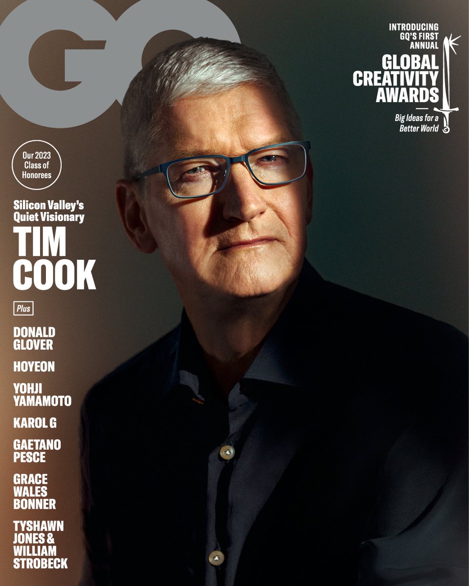 Presenting GQ’s first-ever Global Creativity Awards issue — and cover star Tim Cook.

As <a href="/Apple/">Apple</a> CEO, he has defied his skeptics and refashioned the world’s most creative company on his own exacting terms. Read the full cover story: gq.mn/cufOw1M #GQCreativityAwards