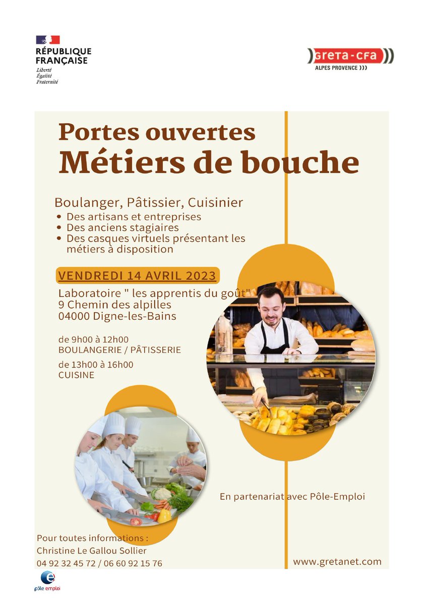 Journée portes ouvertes "Métiers de bouche" le vendredi 14 avril 2023 au Greta de Digne Les Bains
Rencontre avec des artisans et des anciens stagiaires
Casques de réalité virtuelle 
Inscriptions ici :
👉Le matin : lc.cx/Gv6PrC
👉L'après-midi : lc.cx/7Y7eZe