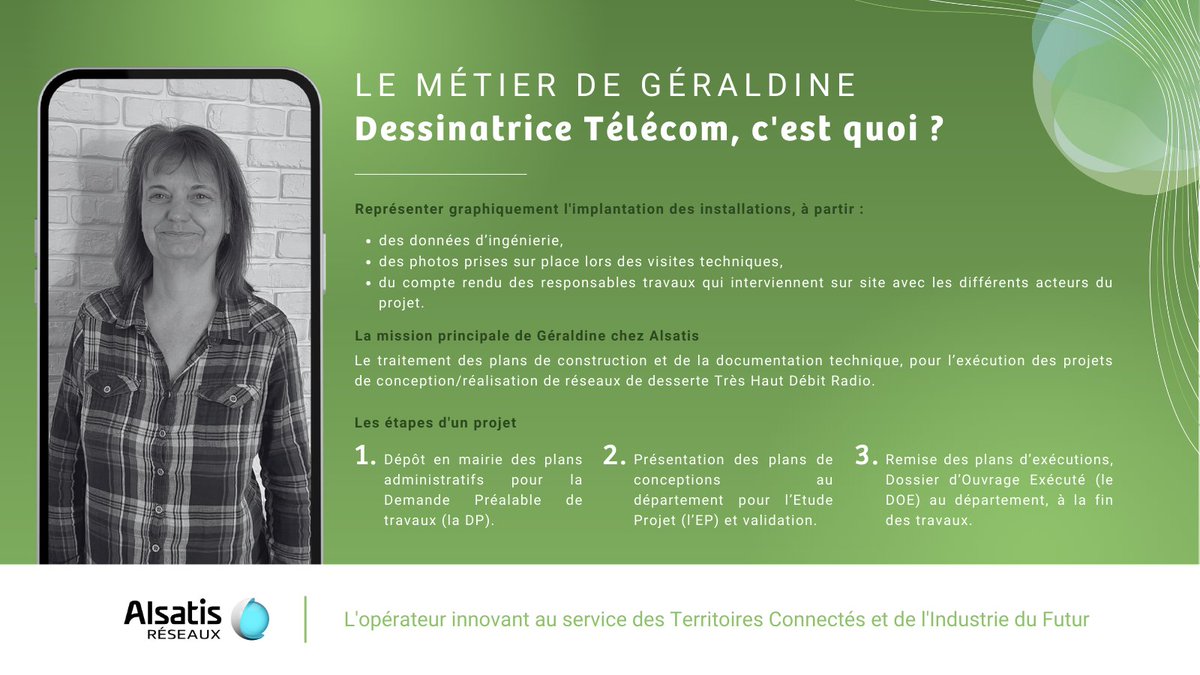 Nous vous présentons le métier de Dessinatrice Télécom avec Géraldine.✨

Passionné par son métier, Géraldine dessine l’implantation de nos installations dans les différents projets de conception et réalisation de réseau.  
Connaissiez vous-ce métier ?👏

#alsanews #telecom