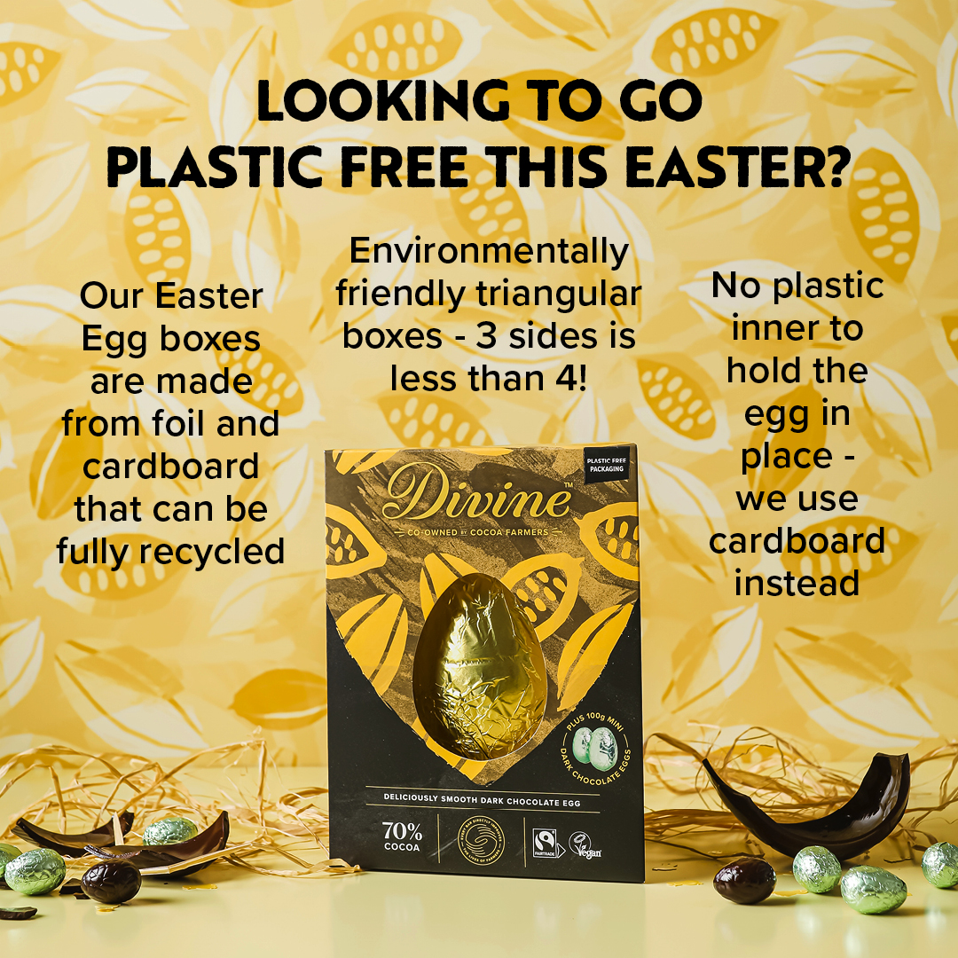 We're pretty proud of our plastic free Easter Egg boxes at Divine 💁 Head over to our webshop now to get 20% off our full Easter Egg range! ow.ly/8lfZ50NyvEl 🙌🍫 #fairtrade #bcorp
