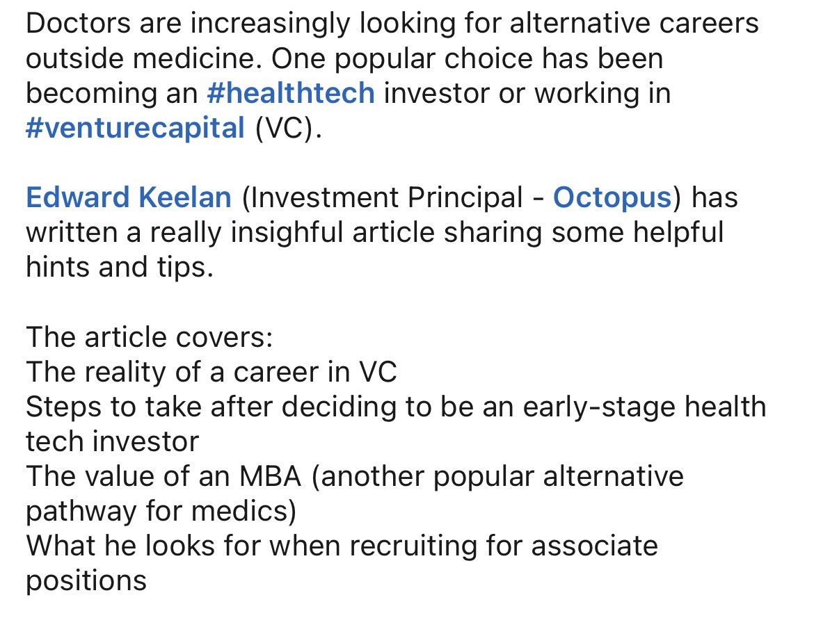 A career in healthtech investing has become super popular in recent times for doctors A great article on how to get started, what recruiters look for and the reality of a career in VC Written by Edward Keelan - Principal Investor @OctopusVentures peerr.io/article/how-to…