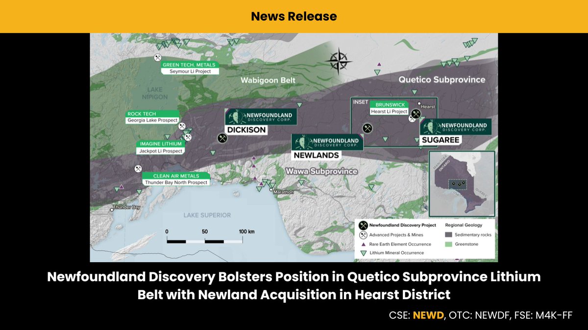 NEWDDiscovery's tweet photo. 📰 News Release: Newfoundland Discovery Bolsters Position in Quetico Subprovince Lithium Belt with Newland Acquisition in Hearst District

🔗 Click to Read: https://t.co/iyljUDF9XF

🇨🇦 TSX Venture: $NEWD
🇺🇸 OTCQB: NEWDF
🇩🇪 Frankfurt: M4K

#lithium #mineralexploration #mining https://t.co/aYomtyOKz6