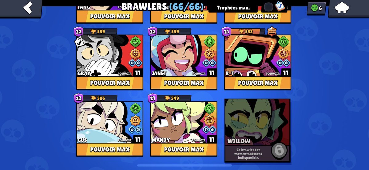 Bug on my mini account: I bought the offer for Willow at €22.99. I manage to increase the brawler P11 and buy its gadget, SP and gears, but cannot play with it. Help <a href="/Frank_Supercell/">Frank (parody)</a> #BrawlStars