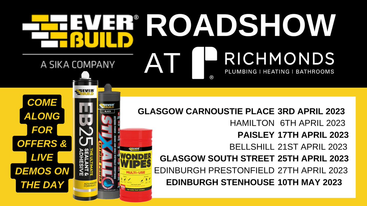 Richmonds Plumbing & Heating Merchants (@richmondsphm) on Twitter photo The @Everbuild ROADSHOW will be at all of our Branches on dates in April and May 2023. Everbuild will be showcasing their products with #offers on the day including on the popular Wonder Wipes and Stixall. See you there!
richmonds-phm.co.uk/.../everbuild-…
#plumbing #toolsofthetrade The @Everbuild ROADSHOW will be at all of our Branches on dates in April and May 2023. Everbuild will be showcasing their products with #offers on the day including on the popular Wonder Wipes and Stixall. See you there!
richmonds-phm.co.uk/.../everbuild-…
#plumbing #toolsofthetrade