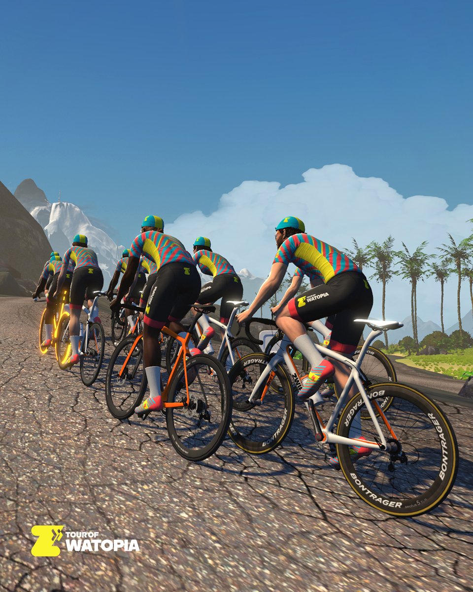 You can almost taste the finish line... Get ready for the fifth & final lap of #TourofWatopia! 🥳 Choose your route, grab that double XP & do your victory dance! 🕺 Stage 5 details: zwift.com/events/series/…