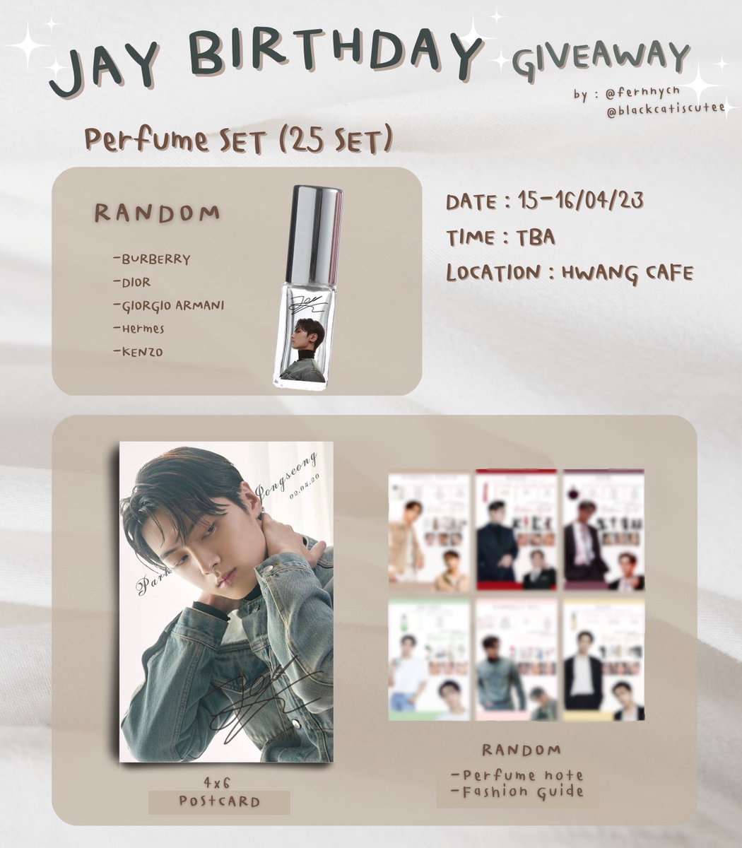 💖HAPPY JAY DAY Giveaway💖

⭐️แจก ฟลว⭐️
⁃รอบไปร 2 SET

✨Perfume Set (25 SET)
⁃Perfume 1 ea. (RANDOM)
⁃Postcard 1 ea.
⁃Perfume note &amp; Fashion Guide 

Date : 15-16/04/23
📍     : Hwang Cafe

Rt &amp; Show this tweet
#ตลาดนัดENHYPEN
#MySunshineOnACloudy_Jay