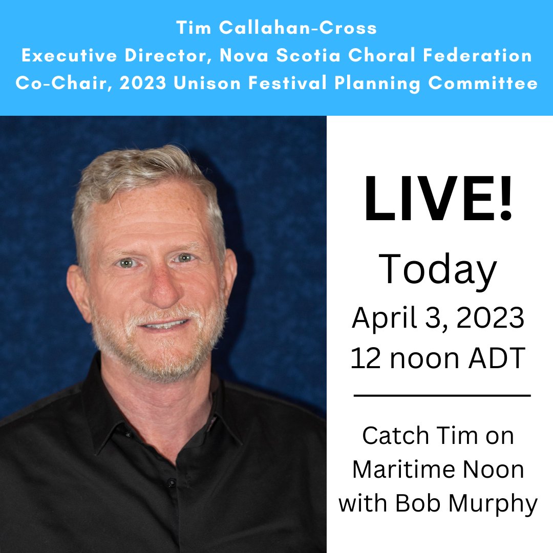 TODAY on <a href="/CBCMaritimeNoon/">Maritime Noon</a>!

Did you know?

Tim, your #Unison2023 Planning Committee Co-Chair, <a href="/NSChoralFed/">NSCF</a> ED, AND #HGMC Past Pres.

Catch him speaking with Bob Murphy about the Joy of Singing, and a special <a href="/UnisonUnisson/">Unison Choruses Canada</a> announcement!

Listen ow.ly/r7t450NyuTB