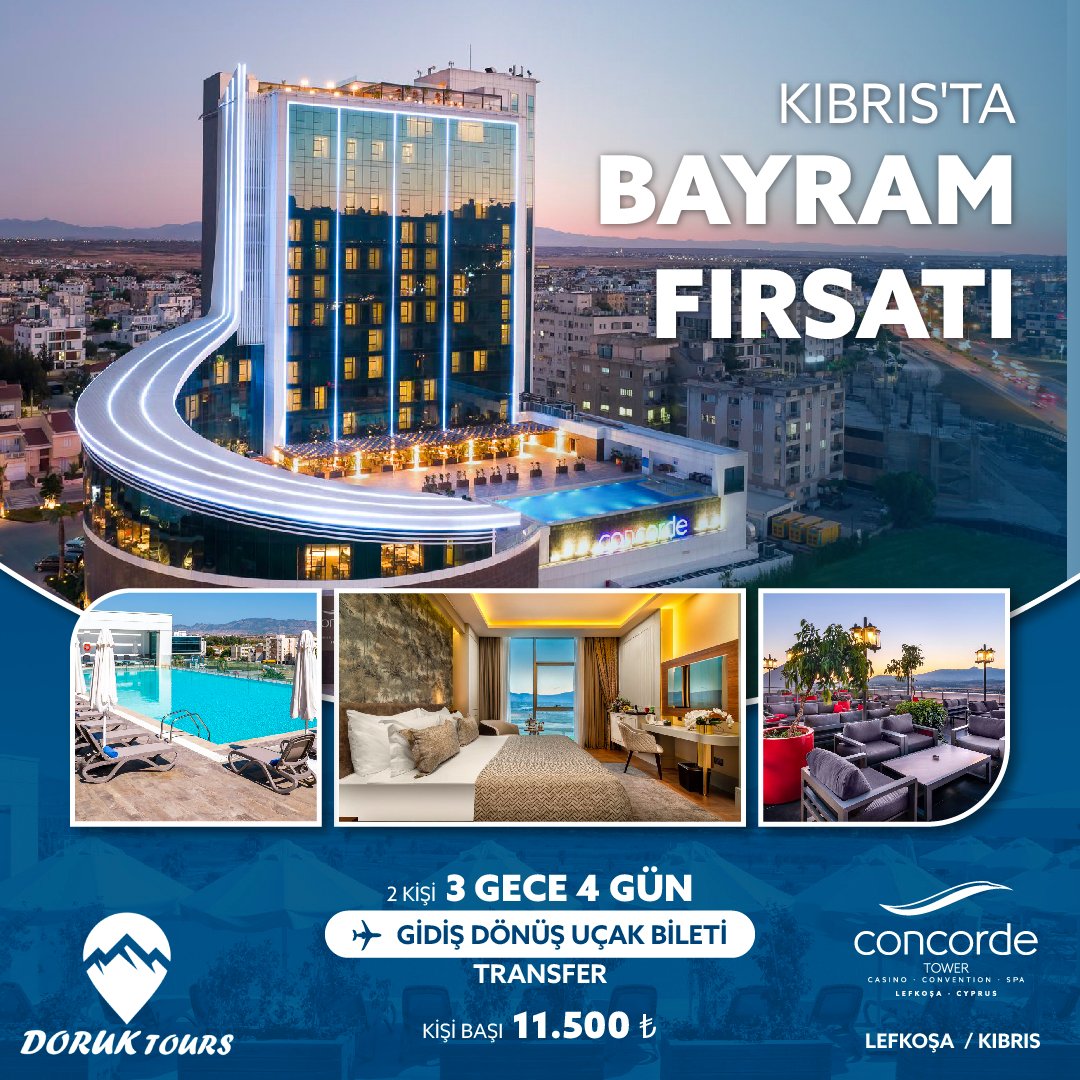 Kıbrıs’ta dört dörtlük bir bayram fırsatı seni bekliyor!
Concorde Tower Convention &amp; SPA’da 3 gece 4 gün tatiliniz, gidiş-dönüş uçak bileti ve havalimanı transferi dahil sadece 11.500 TL! 
Hemen yerini ayırt; bayramda tatilin keyfini doyasıya yaşa!

#kıbrıs #bayramtatili