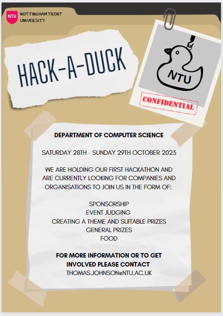 NTU Department of Computer Science (@ntucomputersci) on Twitter photo We are looking to host our first Hackathon <a href="/TrentUni/">Nottingham Trent University</a> in October 2023 and are looking for companies and organisations to partner with us. If you're interested, get in touch with <a href="/tomwjohnson/">Thomas Johnson</a> Thomas.Johnson@ntu.ac.uk! We are looking to host our first Hackathon <a href="/TrentUni/">Nottingham Trent University</a> in October 2023 and are looking for companies and organisations to partner with us. If you're interested, get in touch with <a href="/tomwjohnson/">Thomas Johnson</a> Thomas.Johnson@ntu.ac.uk!