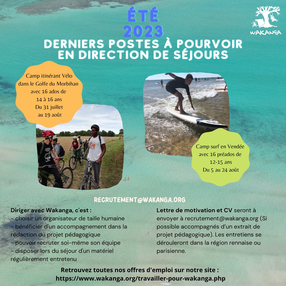 ColosWakanga's tweet photo. 📢On recrute ! 2 personnes pour diriger nos séjours campés au mois d'août :
🚲Séjour itinérant à vélo en #Bretagne - 14-16 ans
🏄 Séjour surf en Vendée - 12-15 ans

👩‍🎓#BAFD ou stagiaires acceptés
Pour que vivent les #colos, postulez, partagez !
#recrutement https://t.co/WhN1Ep75nG