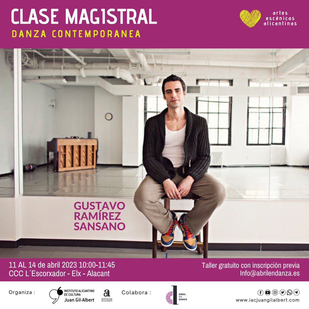 📆 El próximo martes 11, tendrá lugar el primer taller del Festival ABRIL EN DANZA.

Este será impartido por Gustavo Ramírez y se celebrará del 11 al 14 de abril, de 10:00 a 11:45 h en <a href="/Escorxador/">Escorxador</a>, Elx.

Inscripciones gratuitas hasta completar aforo en info@abrilendanza.es
