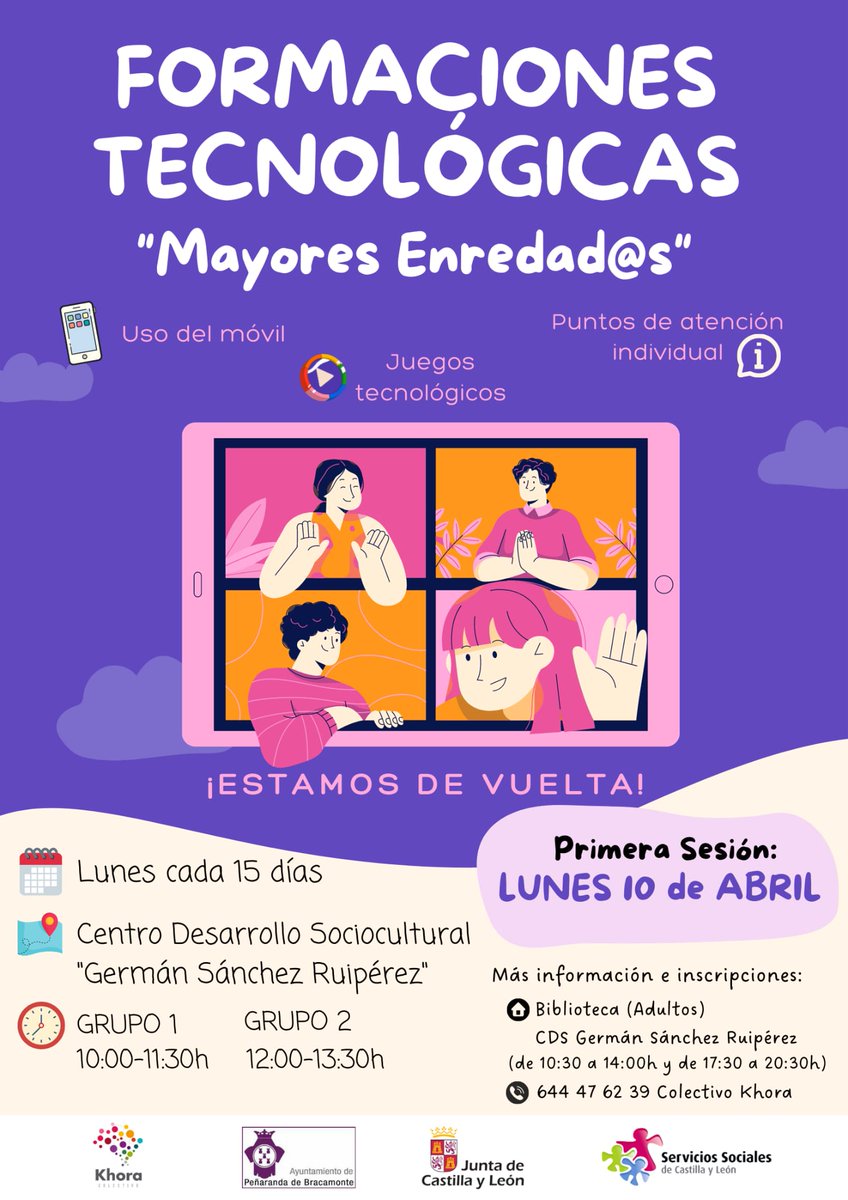 📱Vuelven las formaciones tecnológicas "Mayores Enredados"
al CDS @fgsrcds el próximo lunes 10 de abril.

ℹ️ Para más información e inscripciones puedes consultar en la sala de adultos de la biblioteca o en el teléfono de contacto.
  
<a href="/KHORA_Colectivo/">ColectivoKhora</a> <a href="/jcyl/">Junta de Castilla y León</a> <a href="/familiajcyl/">Familia Castilla y León</a>