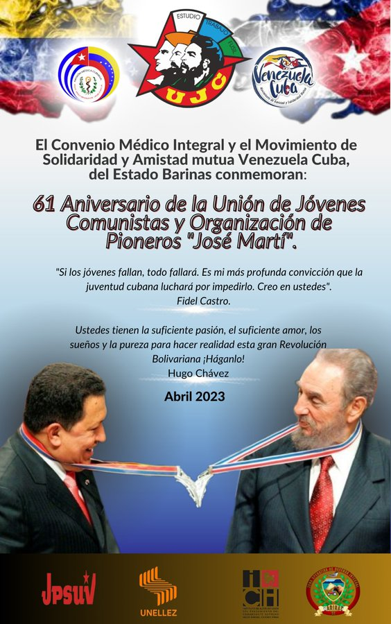En unión y batalla, éste martes conmemoraremos junto a la @CubacooperaveB6, el 61 Aniv. de la <a href="/UJCdeCuba/">UJC de Cuba</a> y Organización de Pioneros "José Martí", en compañía de la <a href="/UnellezOficial_/">UnellezOficial</a>, <a href="/Zodibarinas32/">Zona Operativa de Defensa Integral N.⁰ 32</a>, <a href="/InstitutoHugoCH/">Instituto Hugo Chávez</a> y <a href="/SoyPsuvBarinas/">Psuv Barinas</a>.
#UnaMejorJuventud #SemanaMayorEnFamilia
