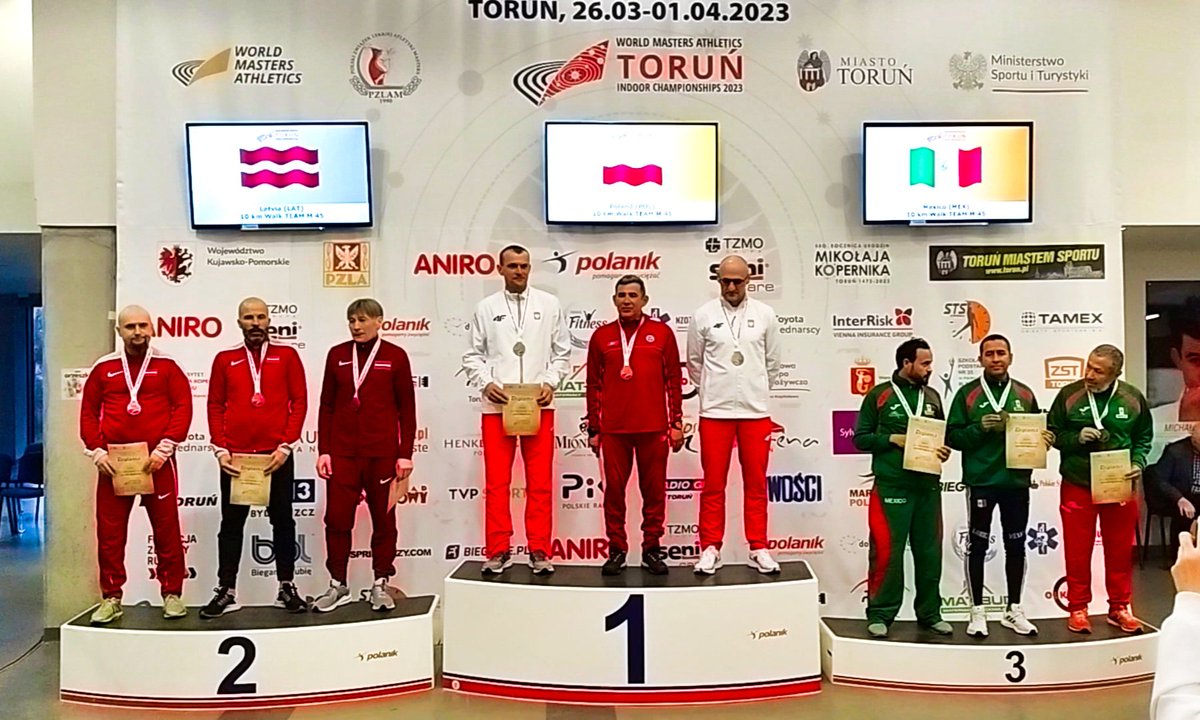 Lappo357's tweet photo. Yey! In Torun, Poland, After 10km racewalk we had to step on pedestal for medals in national team competition!🥈🤩👌 #World #Masters #Athletics gold for Poland 🇵🇱, silver for our team Latvia 🇱🇻 and bronze for Mexico 🇲🇽. #WMACI #VieglatlētiVar https://t.co/lFxGfmEXSW
